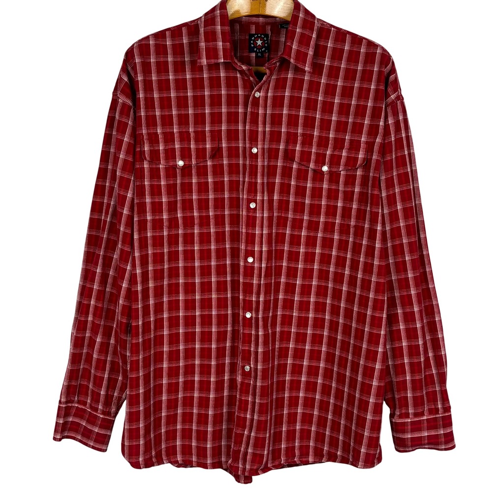 Panhandle Slim Mens XL Red White Plaid Pearl Snap Western Shirt Cotton Cowboy
